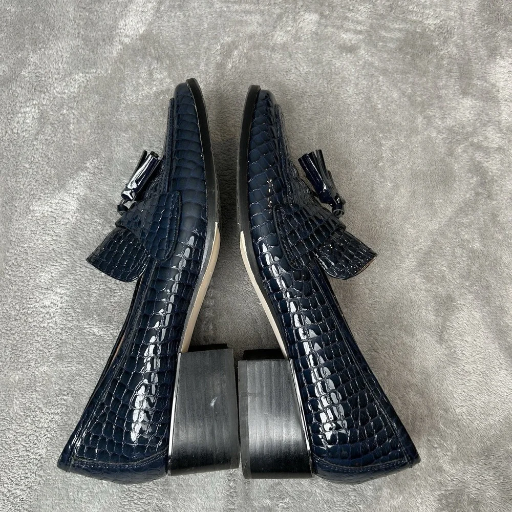 Donald Pliner Avi Croc Embossed Patent Leather Navy Tasseled Shoes Women's 9M